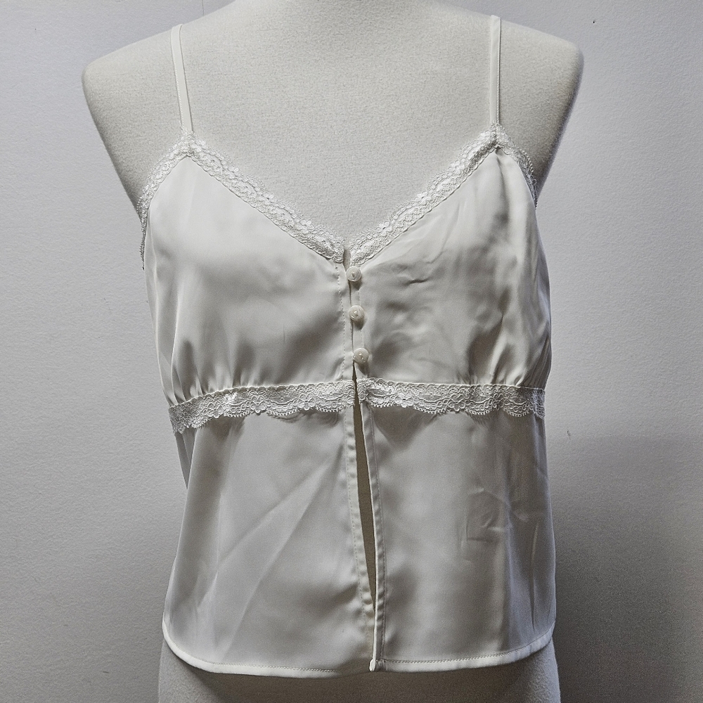 Sincerely Jules Lace Trim Flyaway Cami Tank Top Cropped Large Off White Coquette